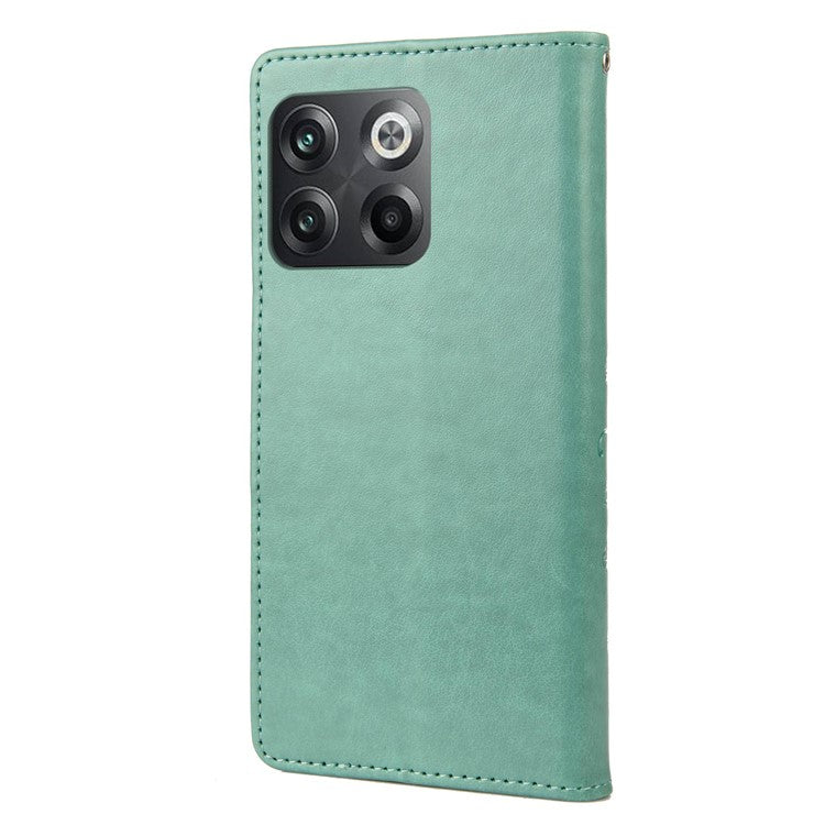 For OnePlus 10T 5G / Ace Pro 5G Wallet Stand PU Leather Imprinting Flower Butterflies Case Full Protection Inner TPU Phone Cover with Strap - Green