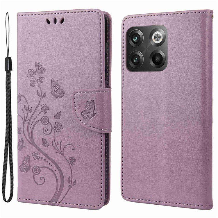 For OnePlus 10T 5G / Ace Pro 5G Wallet Stand PU Leather Imprinting Flower Butterflies Case Full Protection Inner TPU Phone Cover with Strap - Light Purple