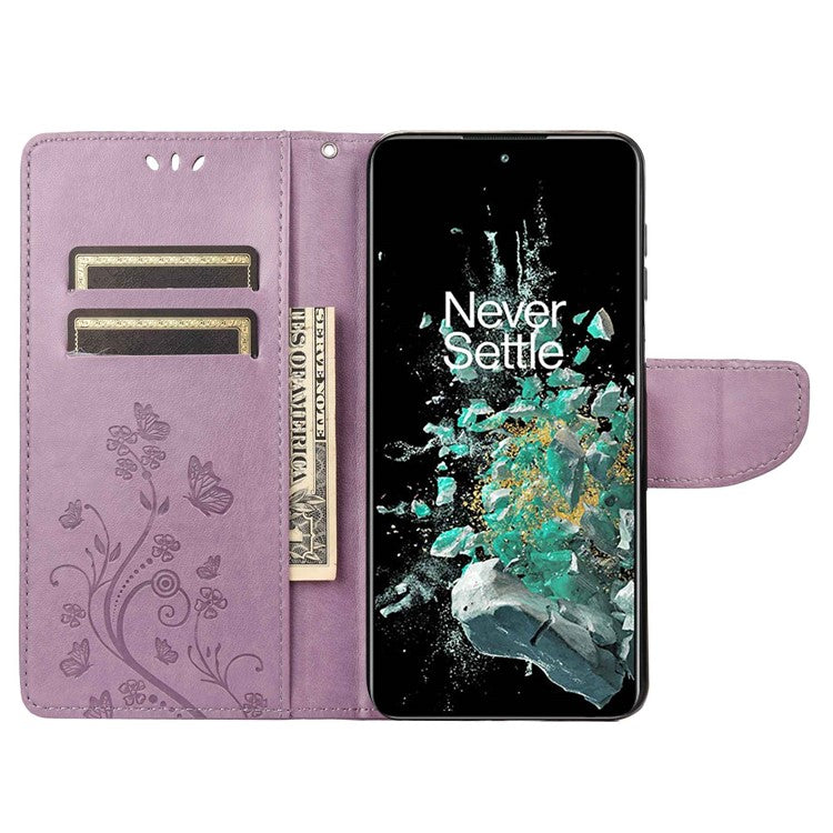 For OnePlus 10T 5G / Ace Pro 5G Wallet Stand PU Leather Imprinting Flower Butterflies Case Full Protection Inner TPU Phone Cover with Strap - Light Purple