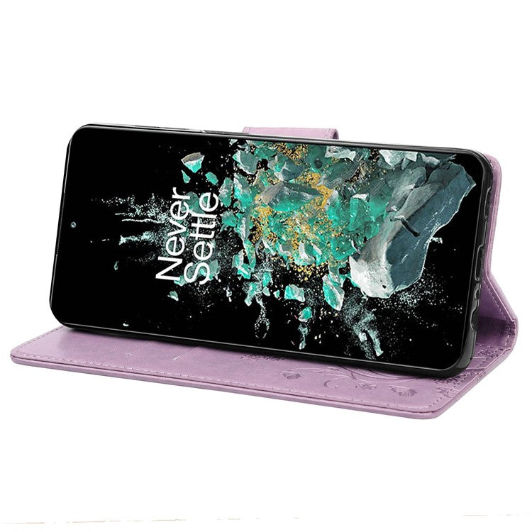 For OnePlus 10T 5G / Ace Pro 5G Wallet Stand PU Leather Imprinting Flower Butterflies Case Full Protection Inner TPU Phone Cover with Strap - Light Purple