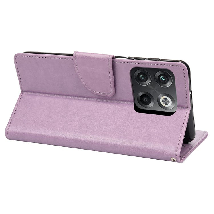 For OnePlus 10T 5G / Ace Pro 5G Wallet Stand PU Leather Imprinting Flower Butterflies Case Full Protection Inner TPU Phone Cover with Strap - Light Purple