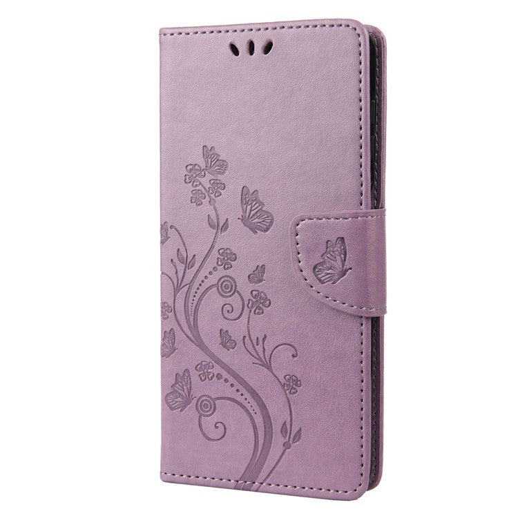 For OnePlus 10T 5G / Ace Pro 5G Wallet Stand PU Leather Imprinting Flower Butterflies Case Full Protection Inner TPU Phone Cover with Strap - Light Purple