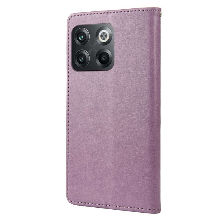 For OnePlus 10T 5G / Ace Pro 5G Wallet Stand PU Leather Imprinting Flower Butterflies Case Full Protection Inner TPU Phone Cover with Strap - Light Purple