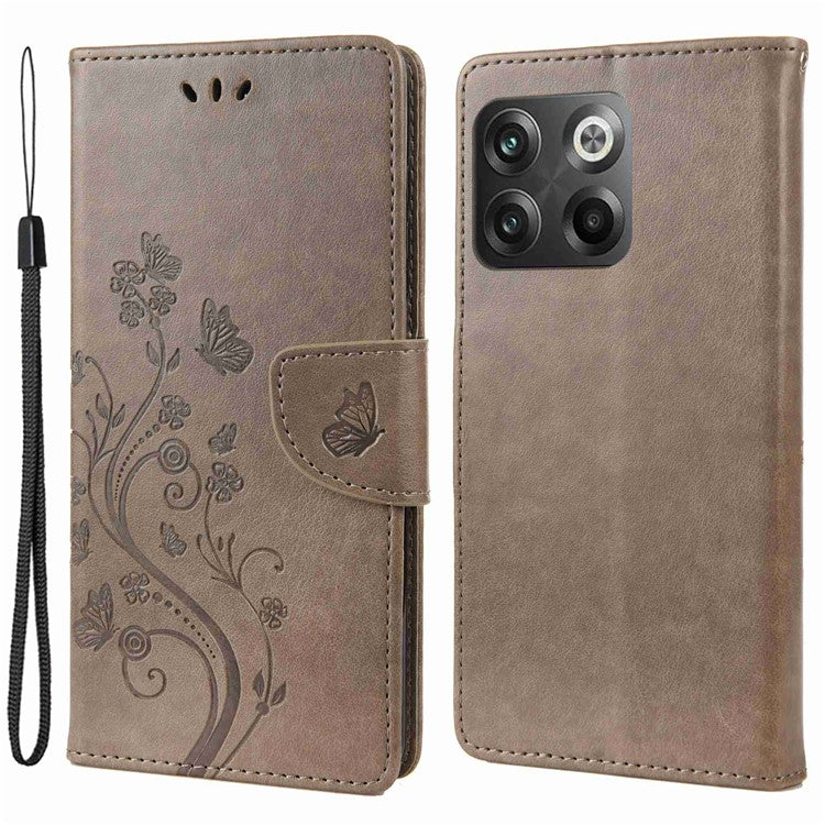 For OnePlus 10T 5G / Ace Pro 5G Wallet Stand PU Leather Imprinting Flower Butterflies Case Full Protection Inner TPU Phone Cover with Strap - Grey