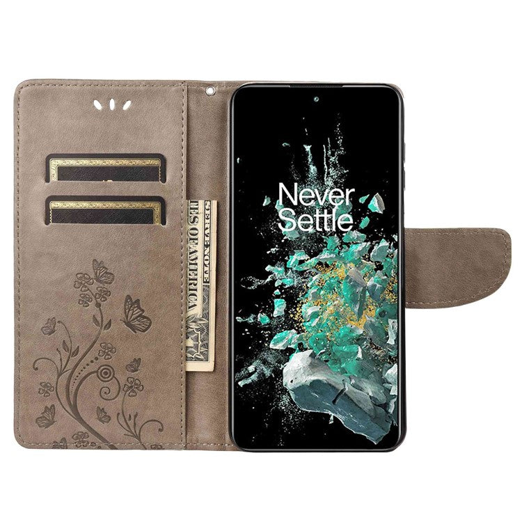 For OnePlus 10T 5G / Ace Pro 5G Wallet Stand PU Leather Imprinting Flower Butterflies Case Full Protection Inner TPU Phone Cover with Strap - Grey