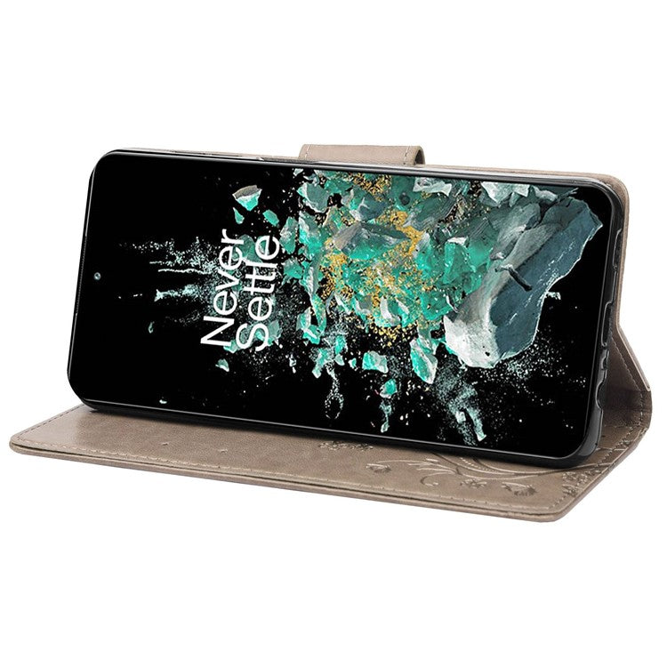 For OnePlus 10T 5G / Ace Pro 5G Wallet Stand PU Leather Imprinting Flower Butterflies Case Full Protection Inner TPU Phone Cover with Strap - Grey