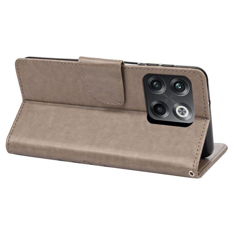 For OnePlus 10T 5G / Ace Pro 5G Wallet Stand PU Leather Imprinting Flower Butterflies Case Full Protection Inner TPU Phone Cover with Strap - Grey
