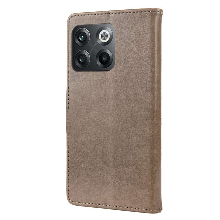 For OnePlus 10T 5G / Ace Pro 5G Wallet Stand PU Leather Imprinting Flower Butterflies Case Full Protection Inner TPU Phone Cover with Strap - Grey
