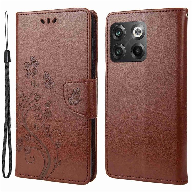 For OnePlus 10T 5G / Ace Pro 5G Wallet Stand PU Leather Imprinting Flower Butterflies Case Full Protection Inner TPU Phone Cover with Strap - Brown