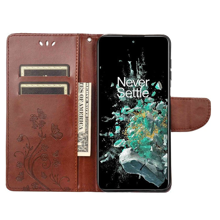 For OnePlus 10T 5G / Ace Pro 5G Wallet Stand PU Leather Imprinting Flower Butterflies Case Full Protection Inner TPU Phone Cover with Strap - Brown