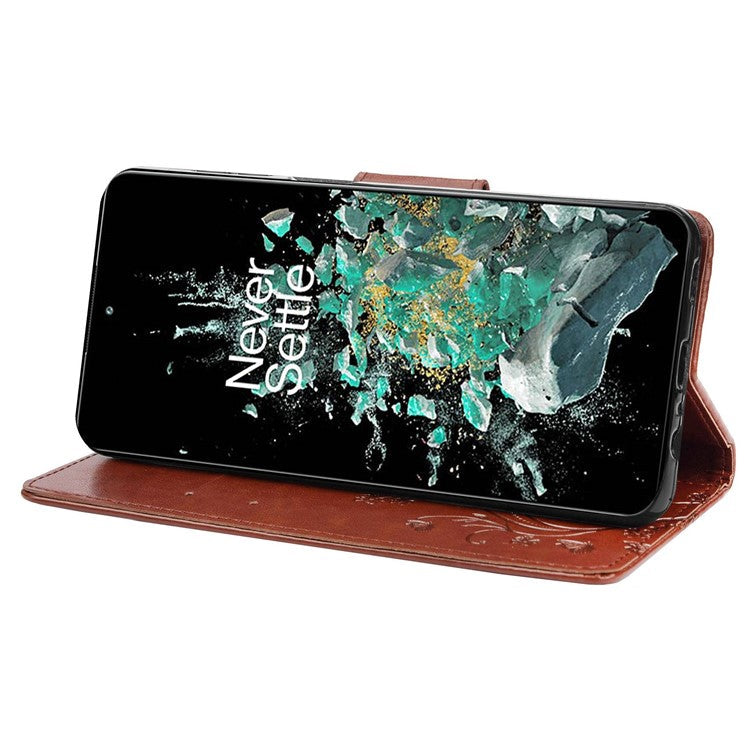 For OnePlus 10T 5G / Ace Pro 5G Wallet Stand PU Leather Imprinting Flower Butterflies Case Full Protection Inner TPU Phone Cover with Strap - Brown