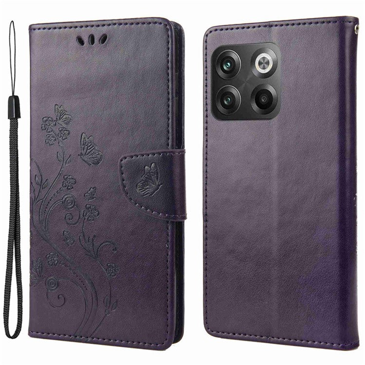 For OnePlus 10T 5G / Ace Pro 5G Wallet Stand PU Leather Imprinting Flower Butterflies Case Full Protection Inner TPU Phone Cover with Strap - Purple