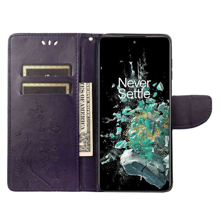 For OnePlus 10T 5G / Ace Pro 5G Wallet Stand PU Leather Imprinting Flower Butterflies Case Full Protection Inner TPU Phone Cover with Strap - Purple