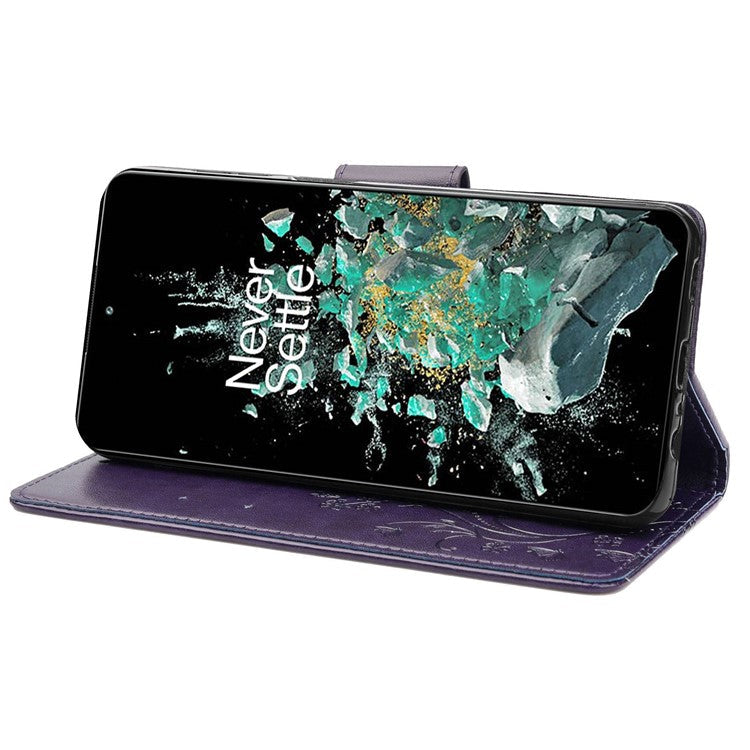 For OnePlus 10T 5G / Ace Pro 5G Wallet Stand PU Leather Imprinting Flower Butterflies Case Full Protection Inner TPU Phone Cover with Strap - Purple