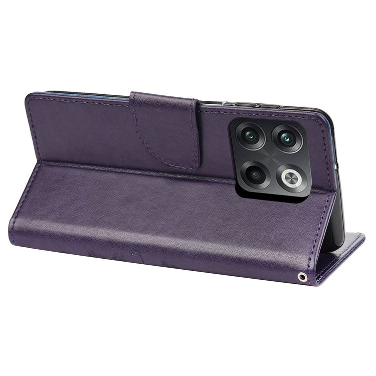 For OnePlus 10T 5G / Ace Pro 5G Wallet Stand PU Leather Imprinting Flower Butterflies Case Full Protection Inner TPU Phone Cover with Strap - Purple