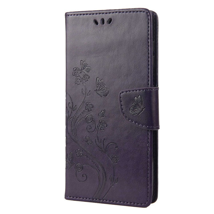 For OnePlus 10T 5G / Ace Pro 5G Wallet Stand PU Leather Imprinting Flower Butterflies Case Full Protection Inner TPU Phone Cover with Strap - Purple