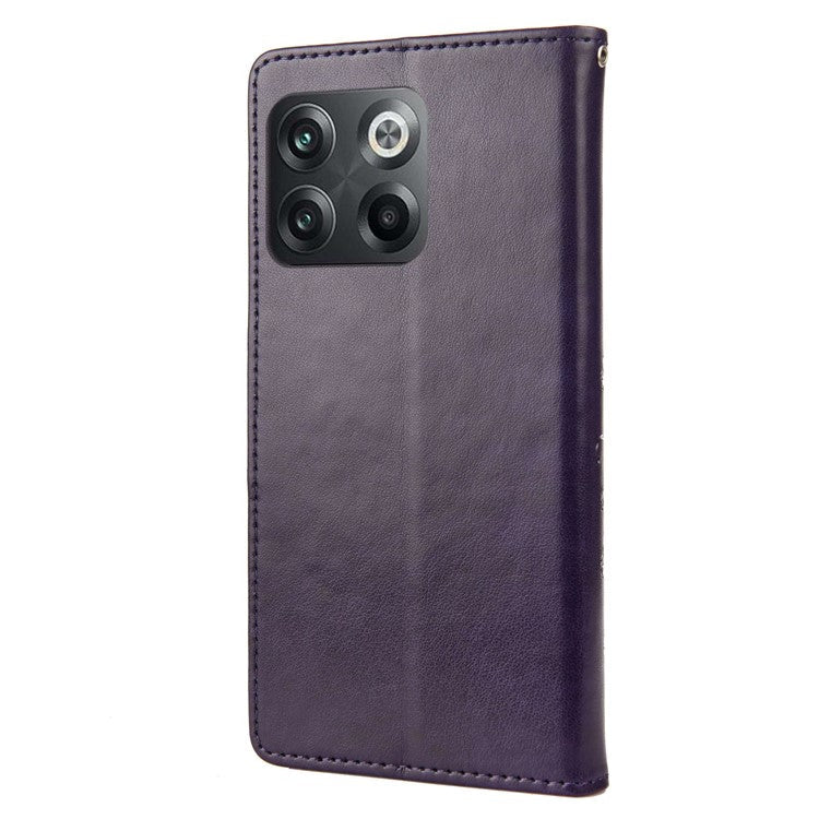 For OnePlus 10T 5G / Ace Pro 5G Wallet Stand PU Leather Imprinting Flower Butterflies Case Full Protection Inner TPU Phone Cover with Strap - Purple