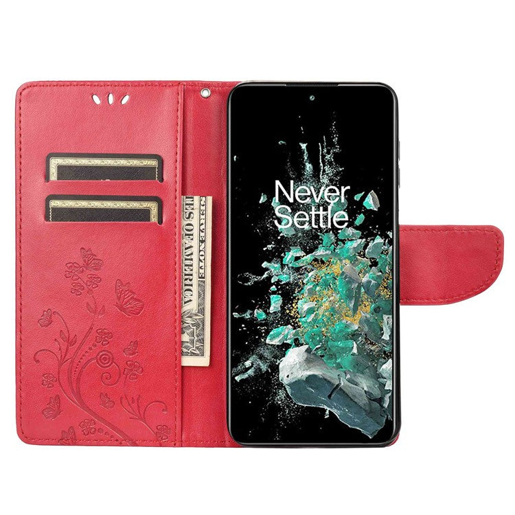 For OnePlus 10T 5G / Ace Pro 5G Wallet Stand PU Leather Imprinting Flower Butterflies Case Full Protection Inner TPU Phone Cover with Strap - Red