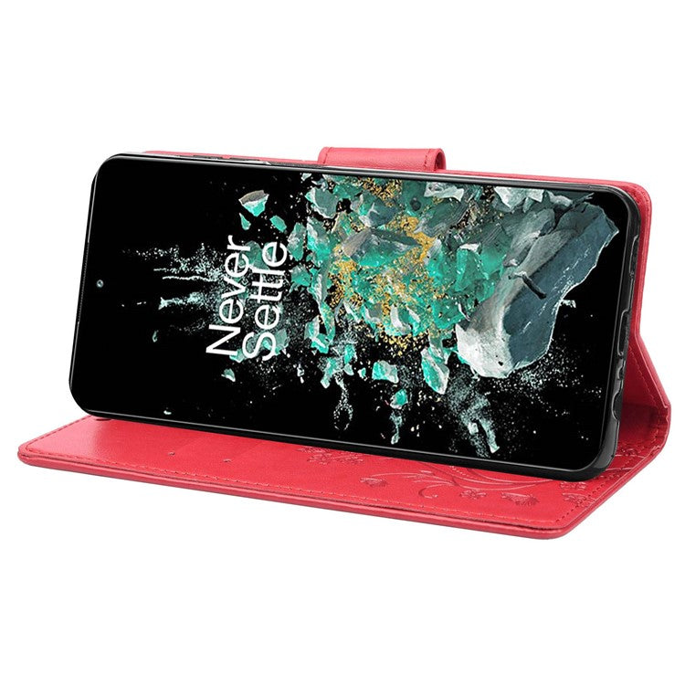 For OnePlus 10T 5G / Ace Pro 5G Wallet Stand PU Leather Imprinting Flower Butterflies Case Full Protection Inner TPU Phone Cover with Strap - Red