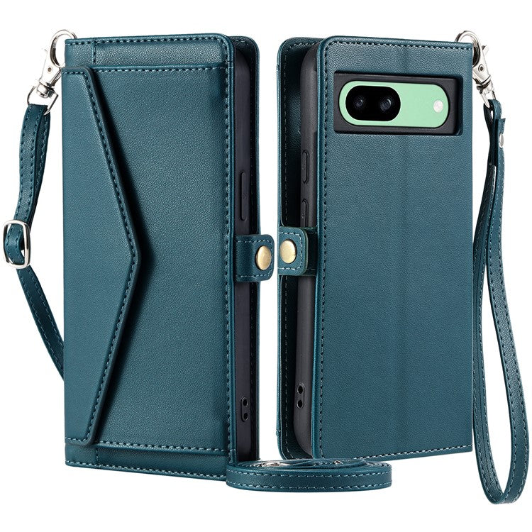 For Google Pixel 8a Leather Case Wallet Stand Phone Cover with Straps - Blackish Green