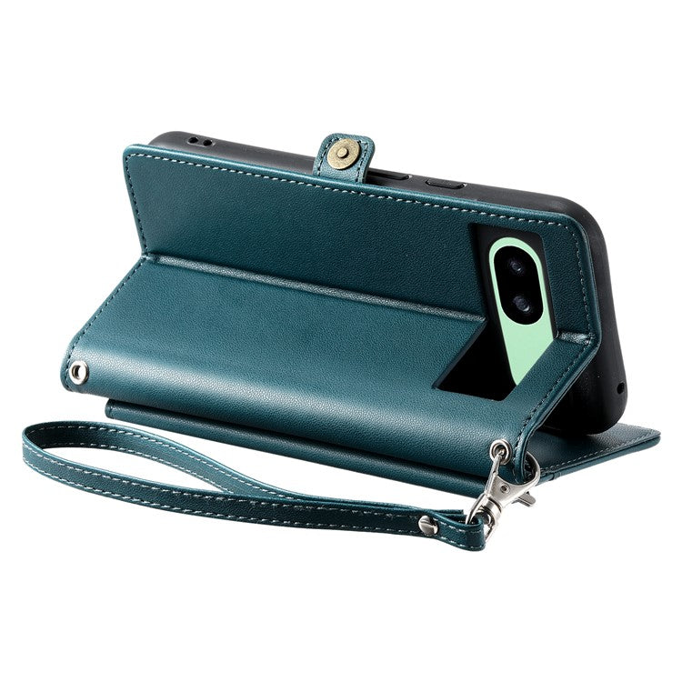For Google Pixel 8a Leather Case Wallet Stand Phone Cover with Straps - Blackish Green