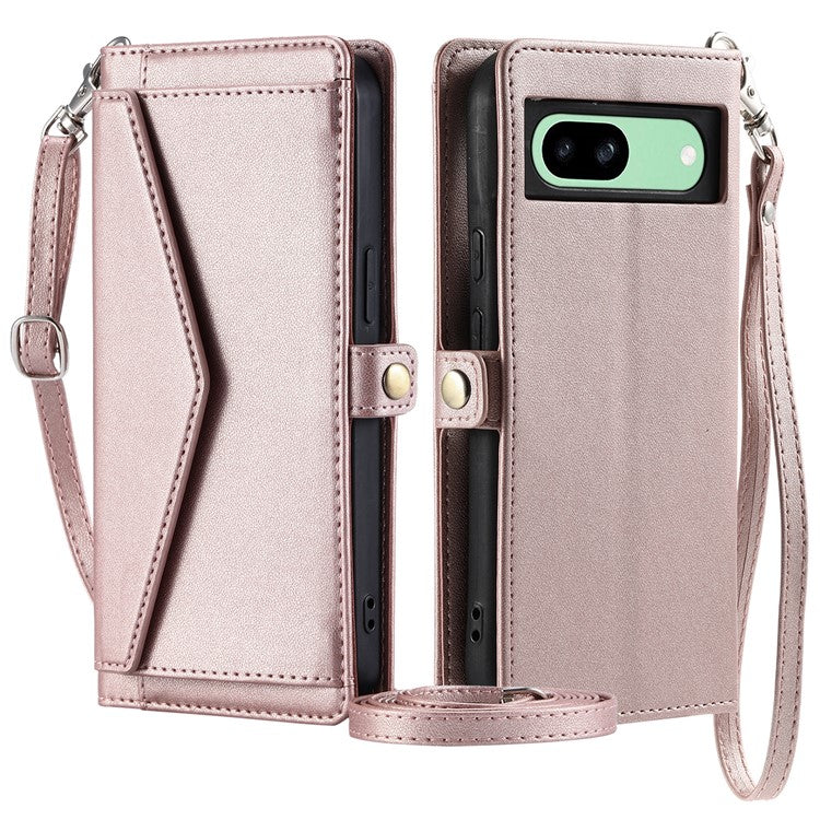 For Google Pixel 8a Leather Case Wallet Stand Phone Cover with Straps - Rose Gold