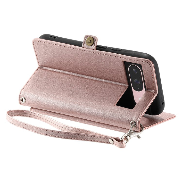 For Google Pixel 9 Pro / Pixel 9 Leather Case Wallet Stand Phone Cover with Straps - Rose Gold