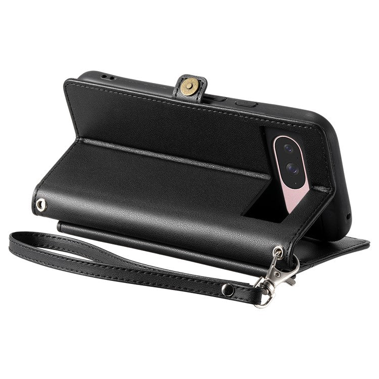 For Google Pixel 9 Pro / Pixel 9 Leather Case Wallet Stand Phone Cover with Straps - Black