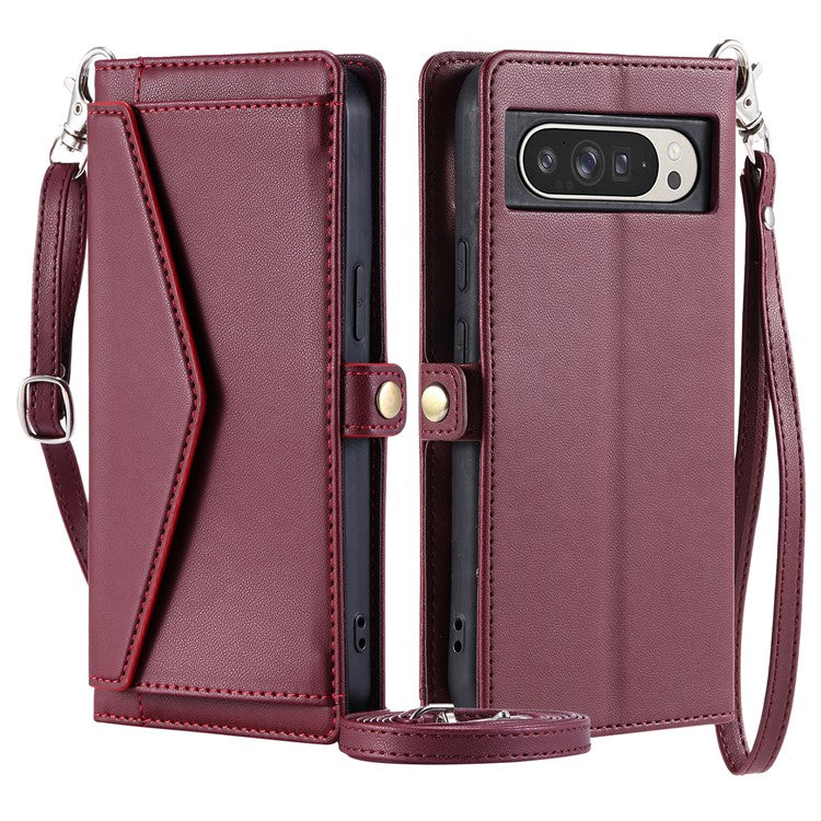 For Google Pixel 9 Pro XL Leather Case Wallet Stand Phone Cover with Straps - Wine Red