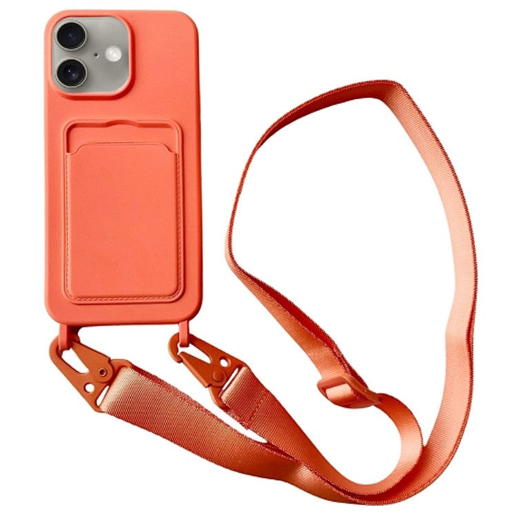 For iPhone 16 Case Liquid Silicone Card Slot Soft Phone Cover with Lanyard Strap - Orange