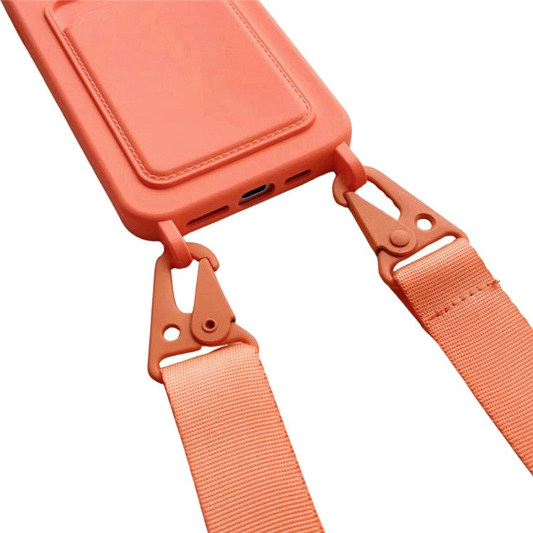 For iPhone 16 Case Liquid Silicone Card Slot Soft Phone Cover with Lanyard Strap - Orange