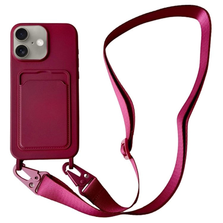 For iPhone 16 Case Liquid Silicone Card Slot Soft Phone Cover with Lanyard Strap - Wine Red