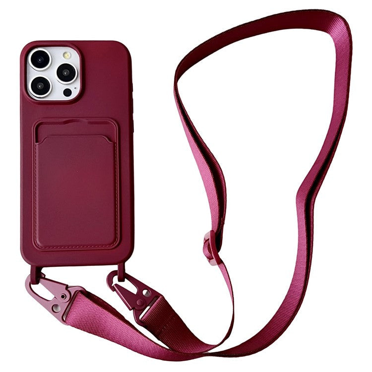 For iPhone 16 Pro Case Liquid Silicone Card Slot Soft Phone Cover with Lanyard Strap - Wine Red