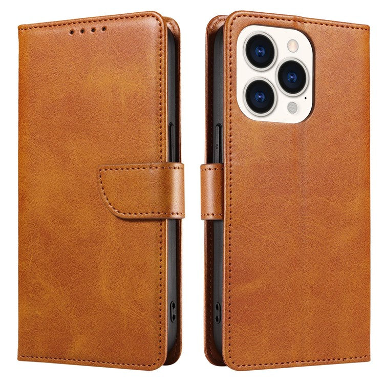 For iPhone 16 Pro Case Leather Stand Phone Shell with Magnetic Closure - Khaki