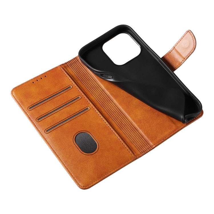 For iPhone 16 Pro Case Leather Stand Phone Shell with Magnetic Closure - Khaki