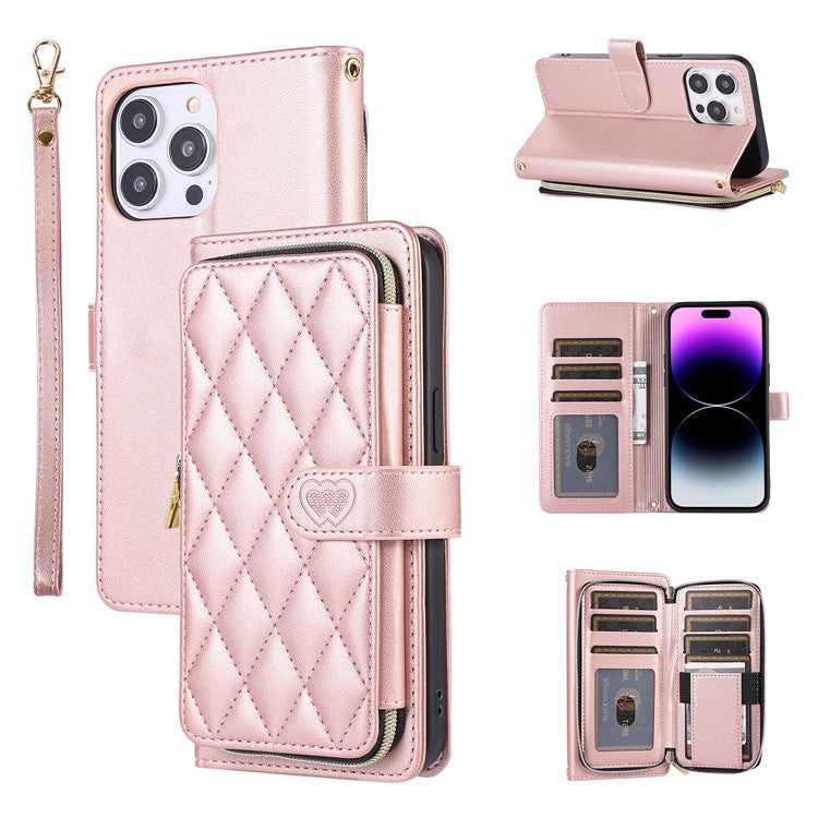 For iPhone 16 Pro Wallet Case Folio PU Leather Stand Rhombus Phone Cover with Hand Strap - Rose Gold