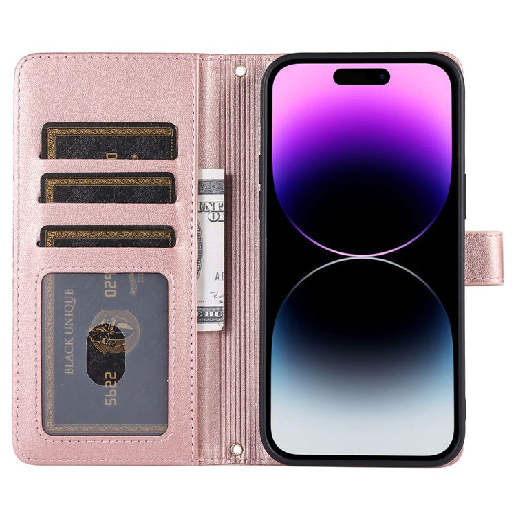 For iPhone 16 Pro Wallet Case Folio PU Leather Stand Rhombus Phone Cover with Hand Strap - Rose Gold