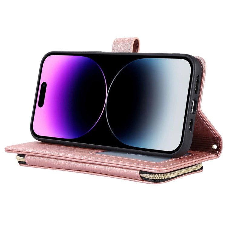 For iPhone 16 Pro Wallet Case Folio PU Leather Stand Rhombus Phone Cover with Hand Strap - Rose Gold