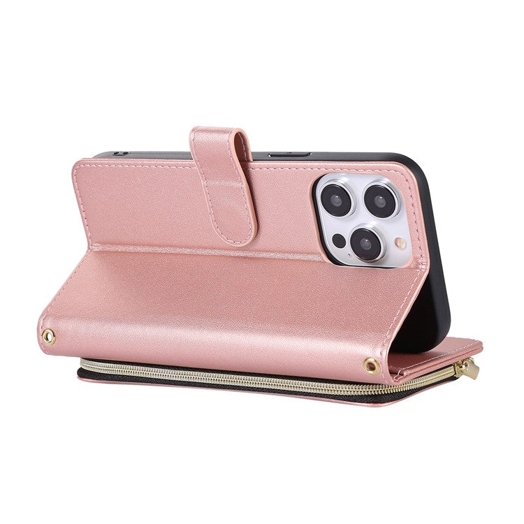 For iPhone 16 Pro Wallet Case Folio PU Leather Stand Rhombus Phone Cover with Hand Strap - Rose Gold