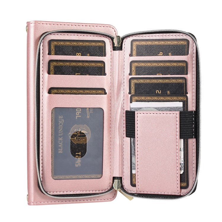 For iPhone 16 Pro Wallet Case Folio PU Leather Stand Rhombus Phone Cover with Hand Strap - Rose Gold