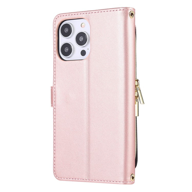 For iPhone 16 Pro Wallet Case Folio PU Leather Stand Rhombus Phone Cover with Hand Strap - Rose Gold