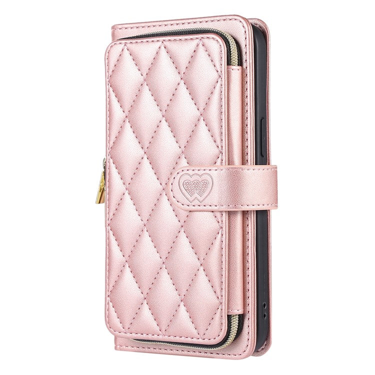 For iPhone 16 Pro Wallet Case Folio PU Leather Stand Rhombus Phone Cover with Hand Strap - Rose Gold
