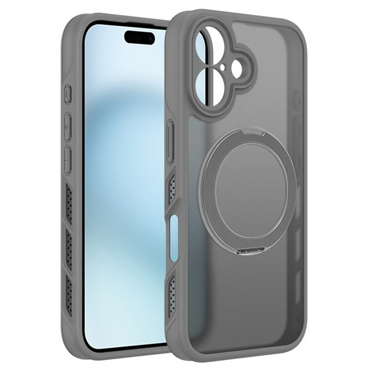 For iPhone 16 Case Heat Dissipation Kickstand TPU+PC Magnetic Phone Case Translucent Matte - Grey