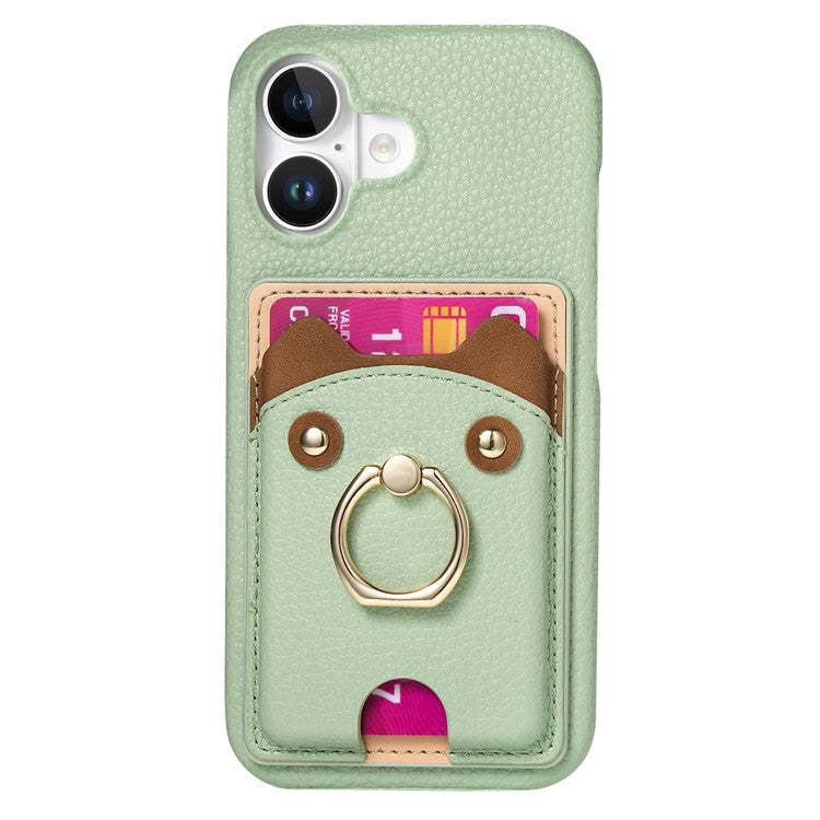 Y6 For iPhone 16 Plus Case Cute Bear Design PU Leather+TPU Card Holder Phone Cover - Light Green