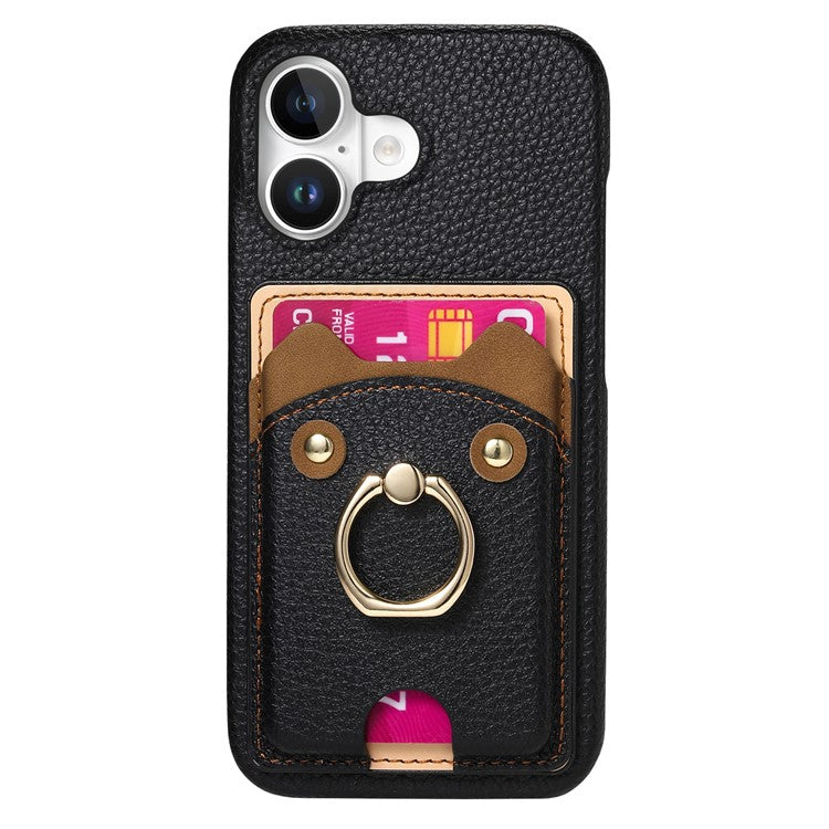 Y6 For iPhone 16 Case Cute Bear Design PU Leather+TPU Card Holder Phone Cover - Black