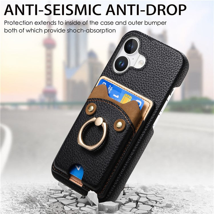 Y6 For iPhone 16 Case Cute Bear Design PU Leather+TPU Card Holder Phone Cover - Black