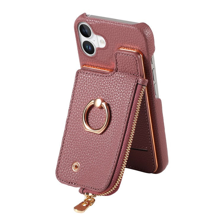 Y3 For iPhone 16 Plus Case Card Holder Kickstand Leather+TPU Phone Cover with Zipper Pocket - Purple