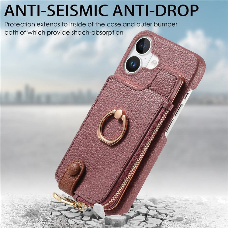 Y3 For iPhone 16 Plus Case Card Holder Kickstand Leather+TPU Phone Cover with Zipper Pocket - Purple