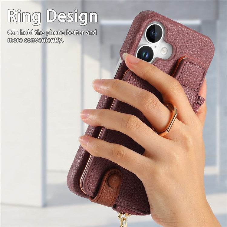 Y3 For iPhone 16 Plus Case Card Holder Kickstand Leather+TPU Phone Cover with Zipper Pocket - Purple
