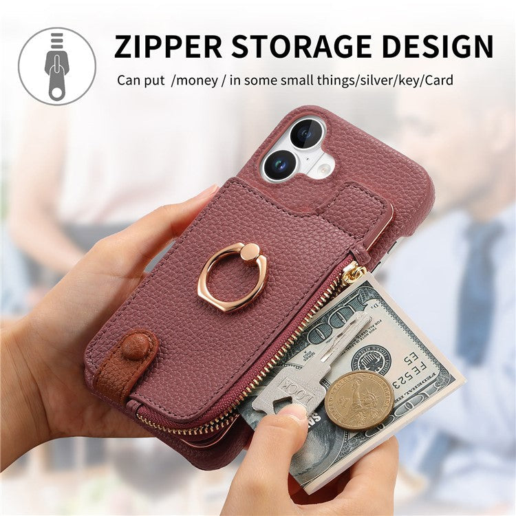 Y3 For iPhone 16 Plus Case Card Holder Kickstand Leather+TPU Phone Cover with Zipper Pocket - Purple
